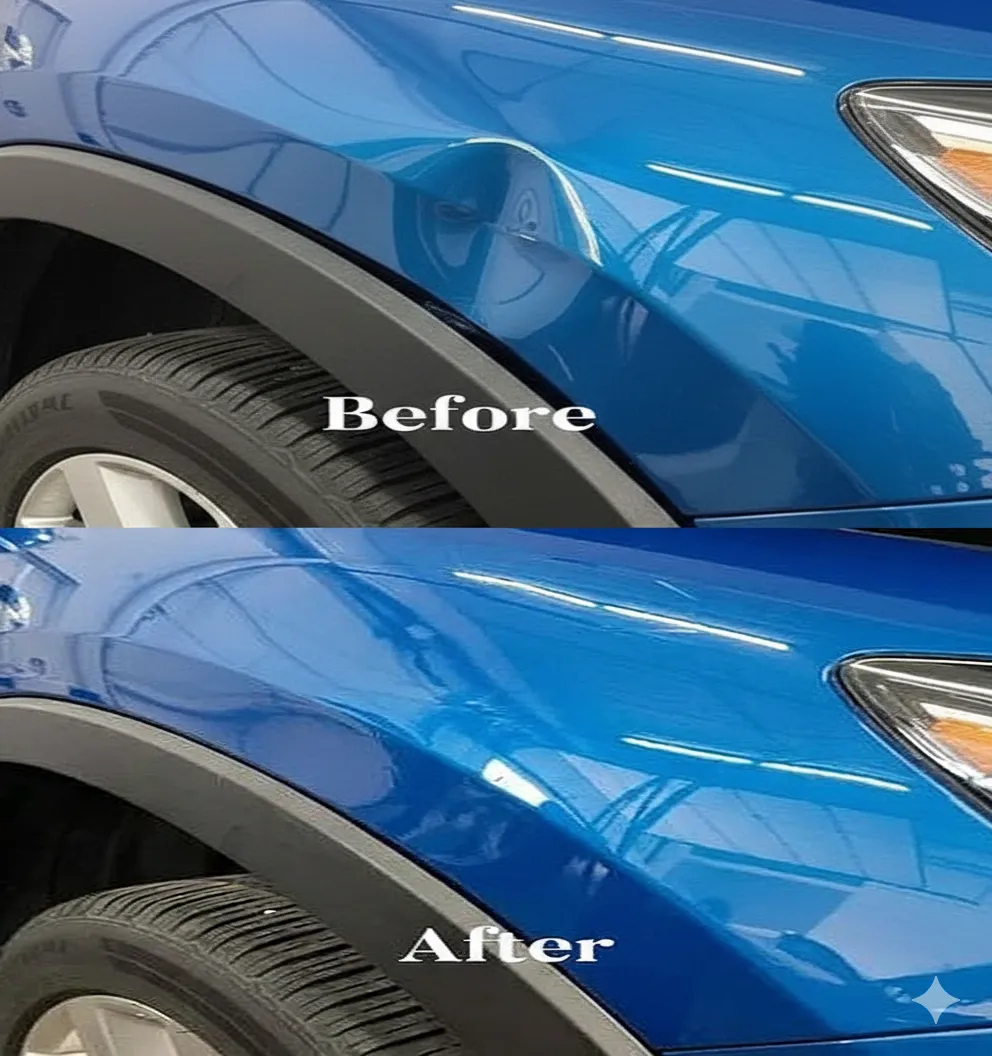 Before and after comparison of a blue car fender showing a large dent successfully repaired using paintless dent removal services.