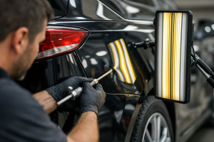 Paintless dent repair technician working on a car panel.