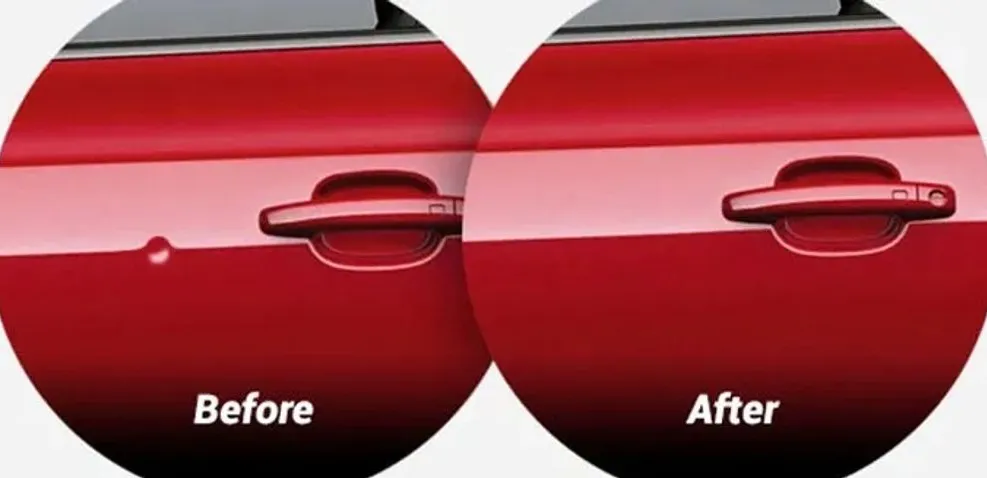 Side-by-side before and after comparison of a small door ding on a red car being repaired with paintless dent removal near the door handle.